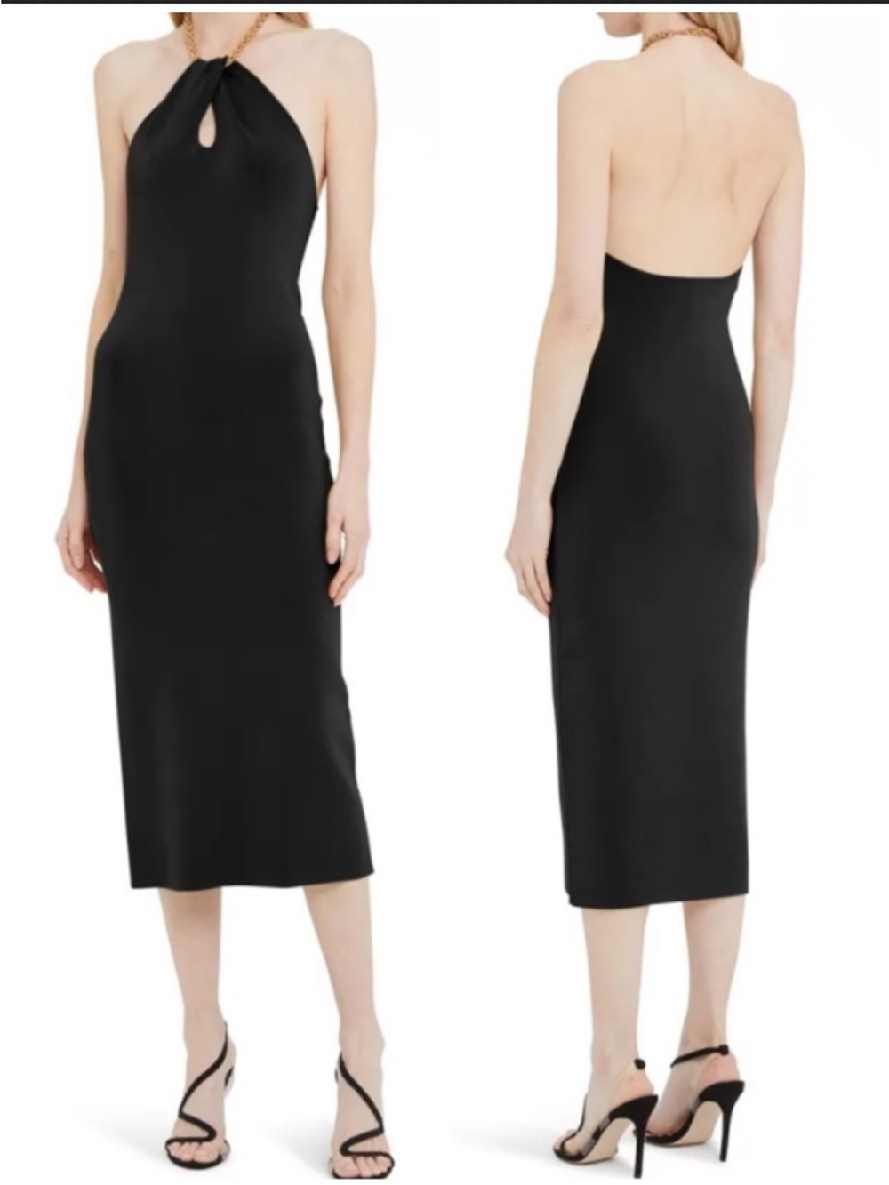 Galvan London Cleopatra Halter Midi Dress Black Chain Neck Bodycon XS